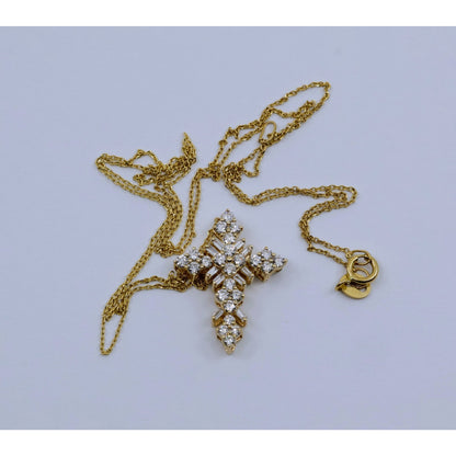 Thin 14K Yellow Gold Round & Baguette Diamond Cross Pendant Resizable Necklace
