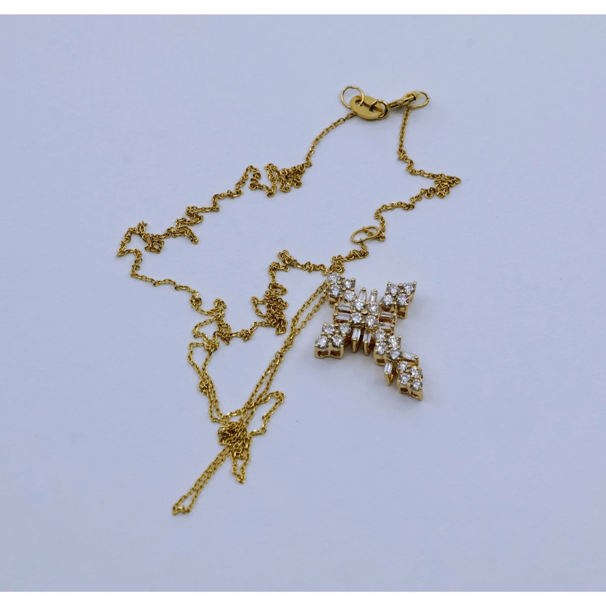 Thin 14K Yellow Gold Round & Baguette Diamond Cross Pendant Resizable Necklace