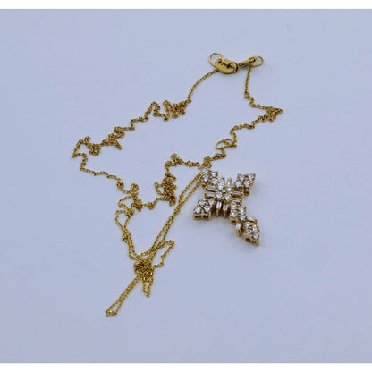Thin 14K Yellow Gold Round & Baguette Diamond Cross Pendant Resizable Necklace