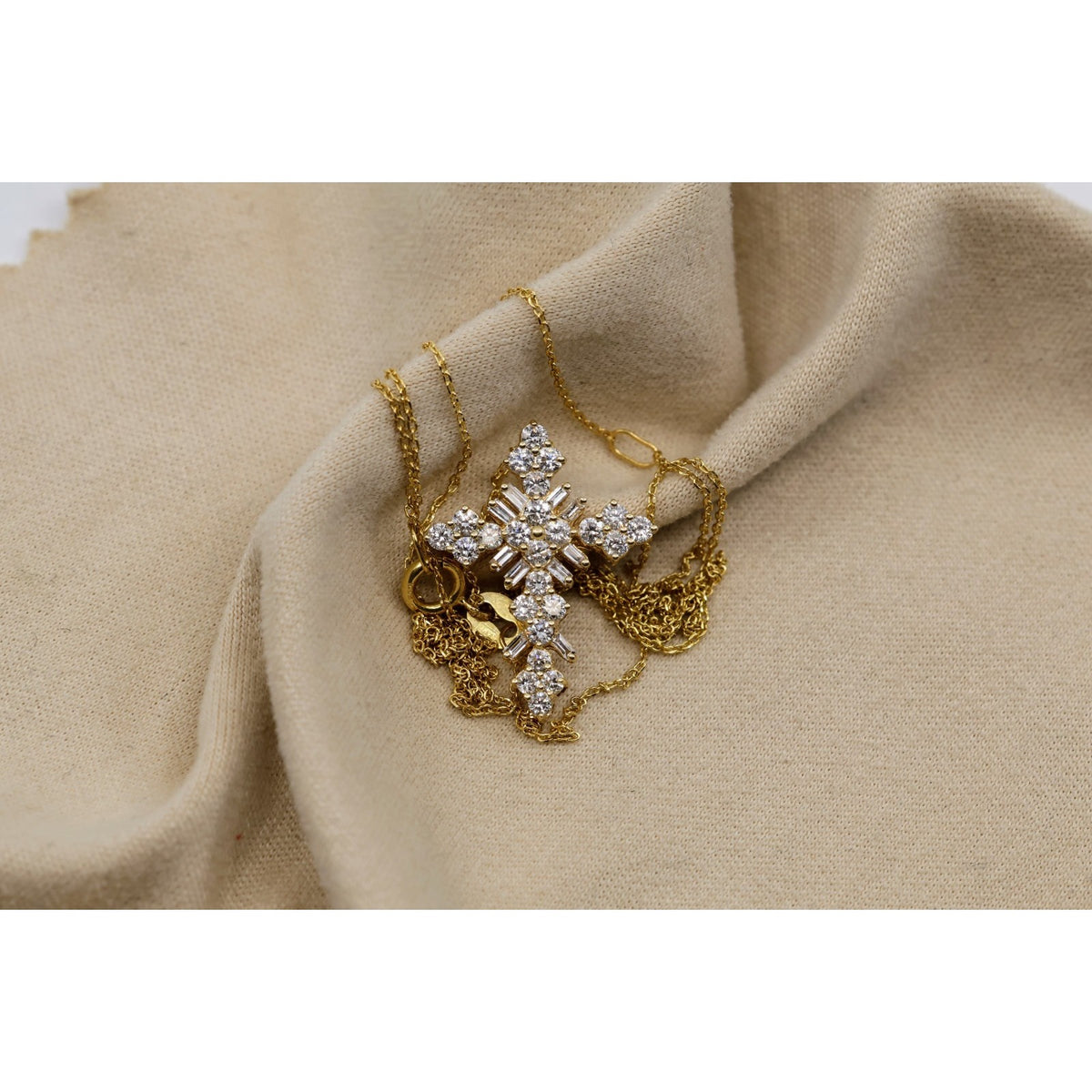 Thin 14K Yellow Gold Round & Baguette Diamond Cross Pendant Resizable Necklace