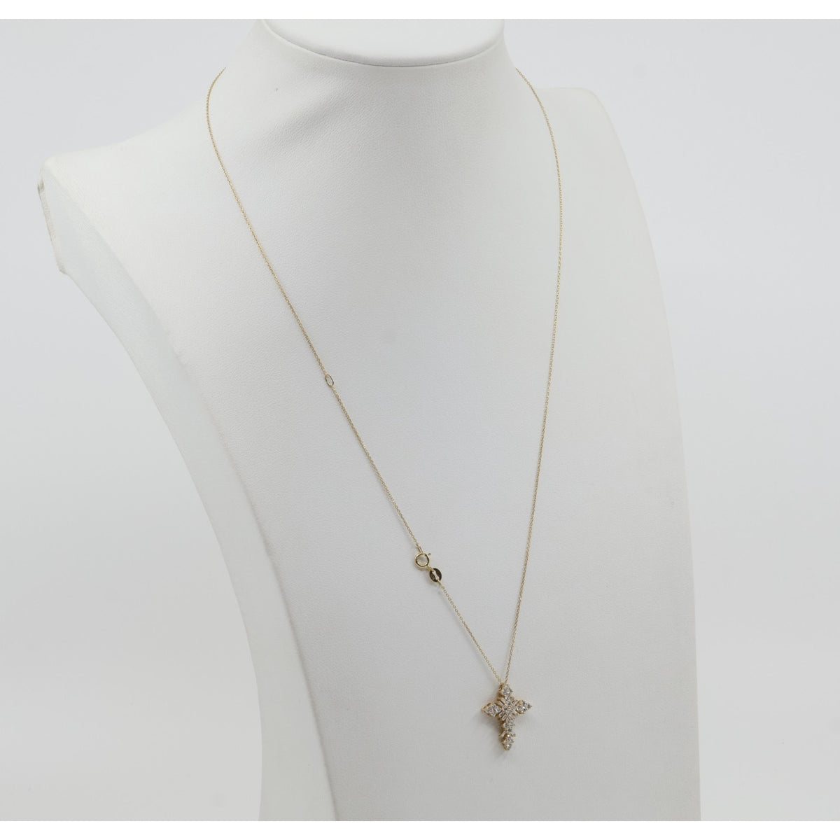 Thin 14K Yellow Gold Round & Baguette Diamond Cross Pendant Resizable Necklace