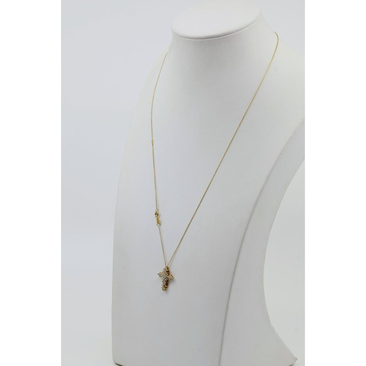 Thin 14K Yellow Gold Round & Baguette Diamond Cross Pendant Resizable Necklace