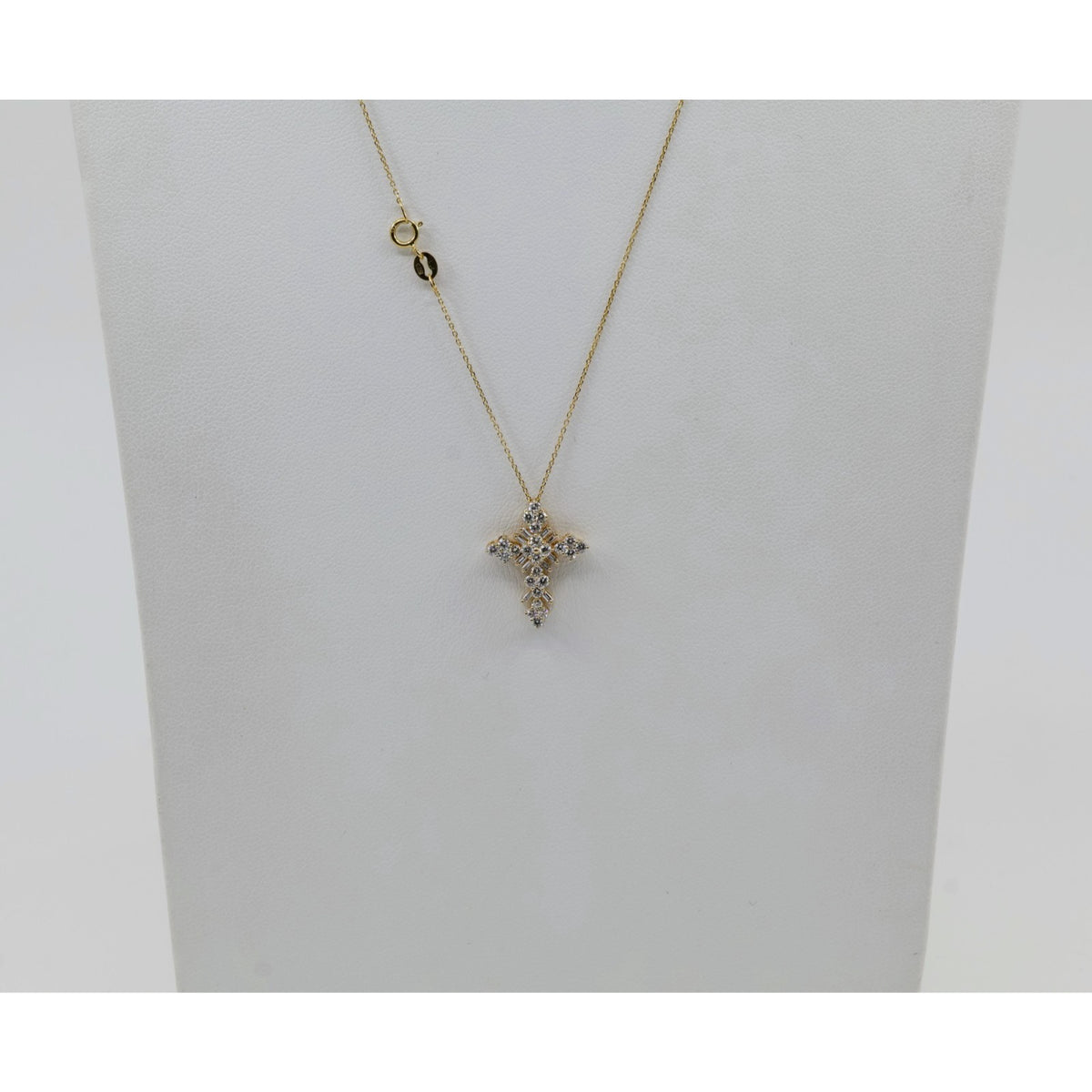 Thin 14K Yellow Gold Round & Baguette Diamond Cross Pendant Resizable Necklace