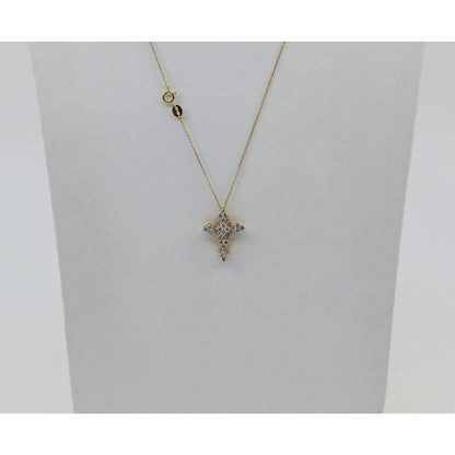 Thin 14K Yellow Gold Round & Baguette Diamond Cross Pendant Resizable Necklace