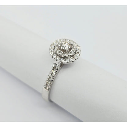 14K White Gold 0.64 tcw Round Cut Diamond Double Halo Engagement Ring