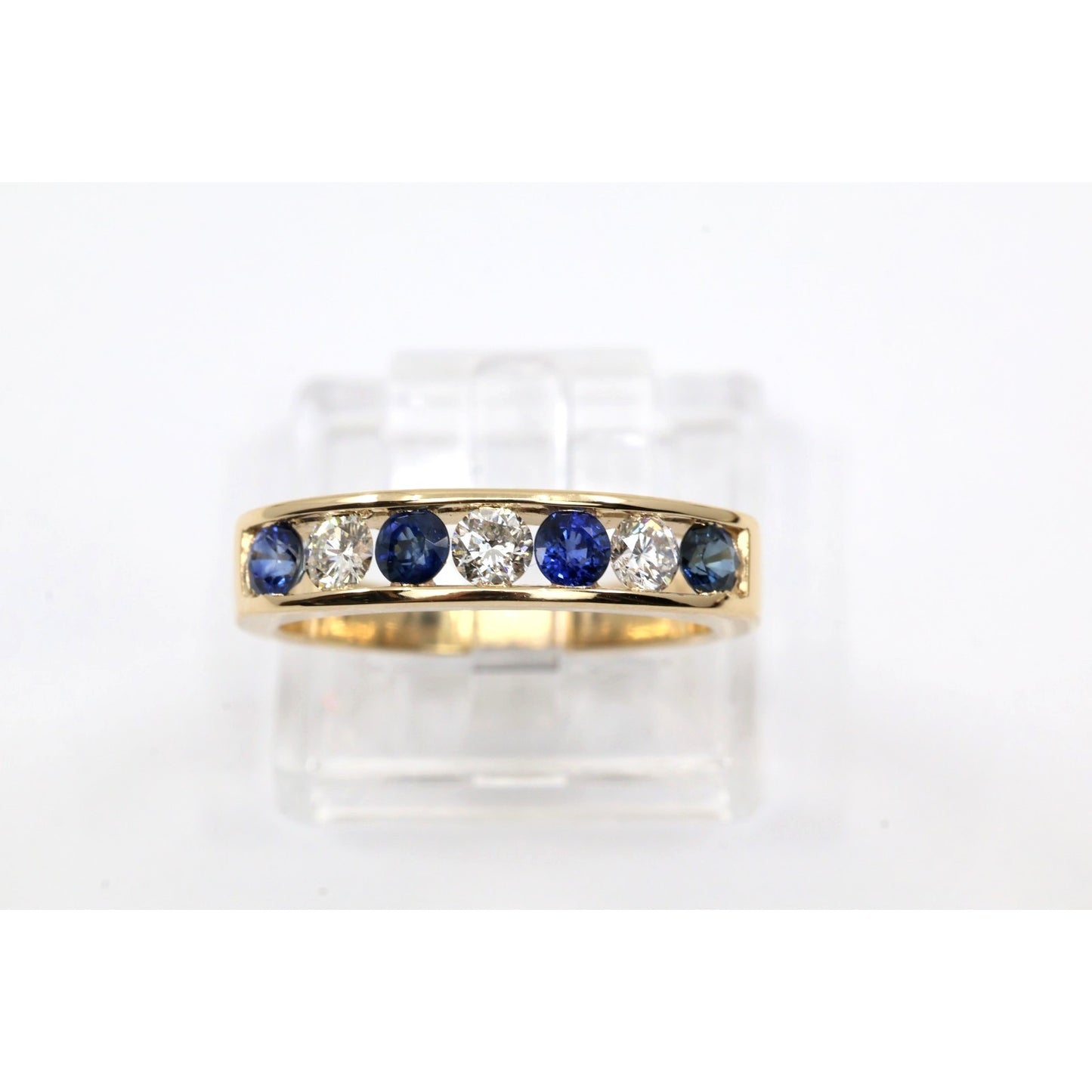 14K Yellow Gold Sapphire Diamond Alternating Channel Set Wedding Band Ring