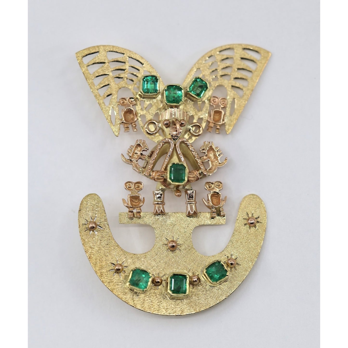 Vintage 18K Gold 7 Emerald Tairona Pre Columbian Brooch Pendant