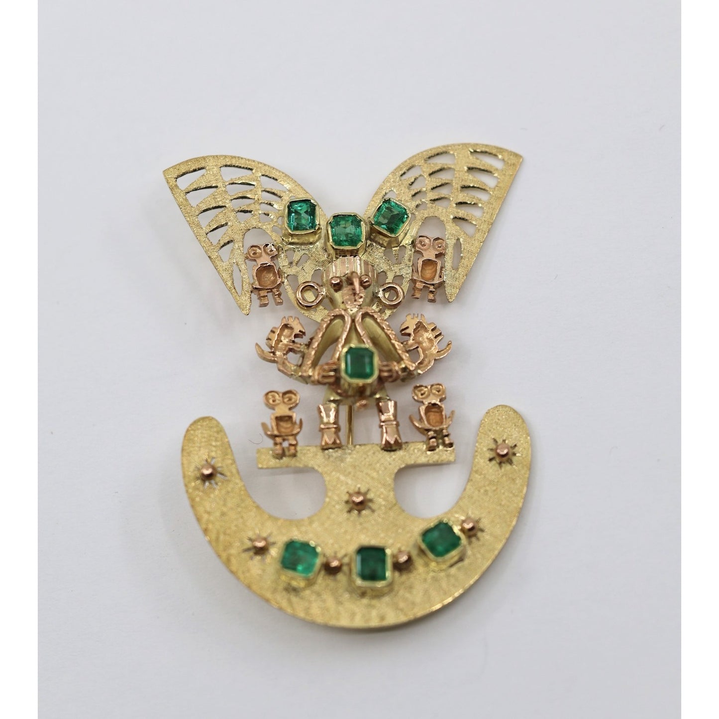 Vintage 18K Gold 7 Emerald Tairona Pre Columbian Brooch Pendant