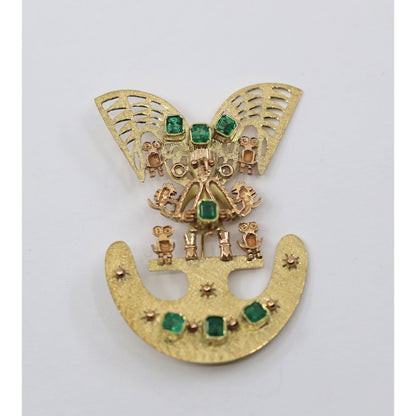 Vintage 18K Gold 7 Emerald Tairona Pre Columbian Brooch Pendant