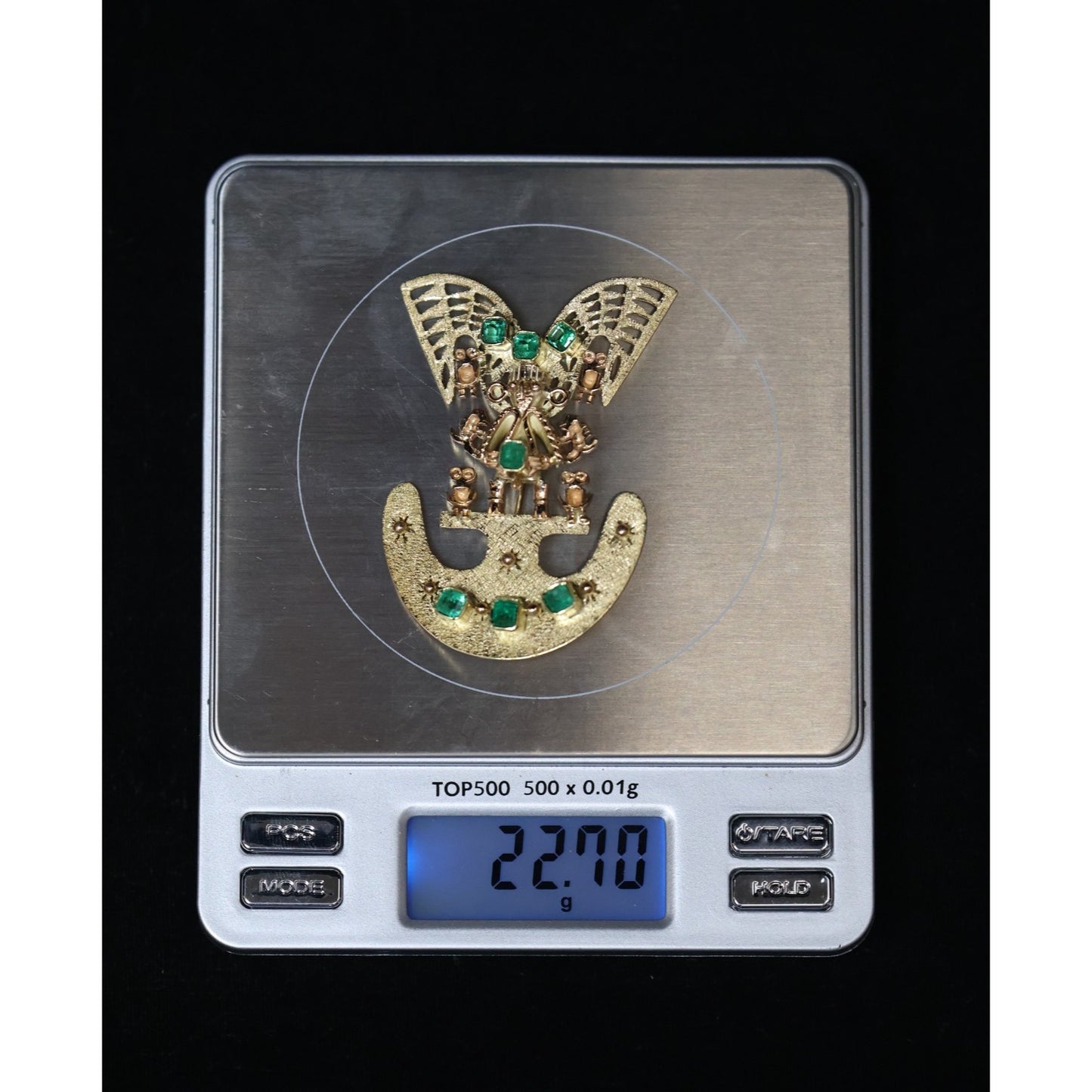 Vintage 18K Gold 7 Emerald Tairona Pre Columbian Brooch Pendant