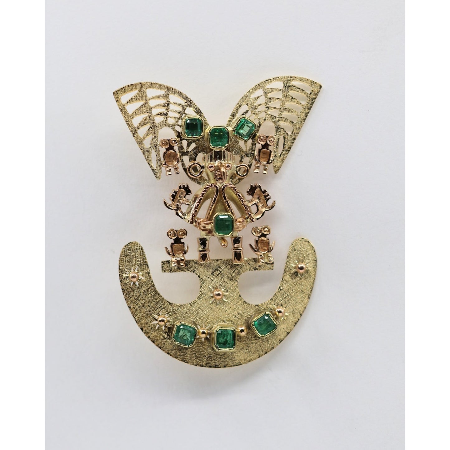 Vintage 18K Gold 7 Emerald Tairona Pre Columbian Brooch Pendant