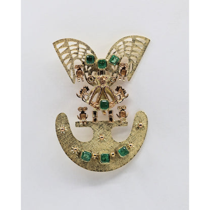 Vintage 18K Gold 7 Emerald Tairona Pre Columbian Brooch Pendant