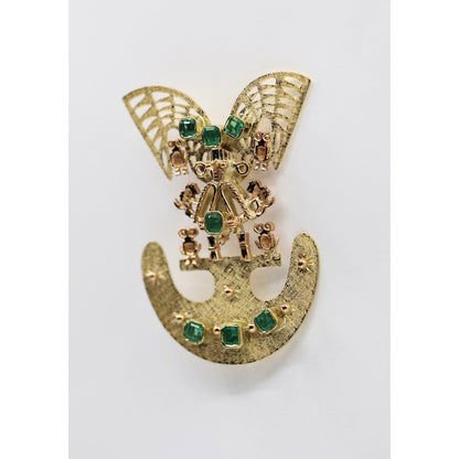 Vintage 18K Gold 7 Emerald Tairona Pre Columbian Brooch Pendant