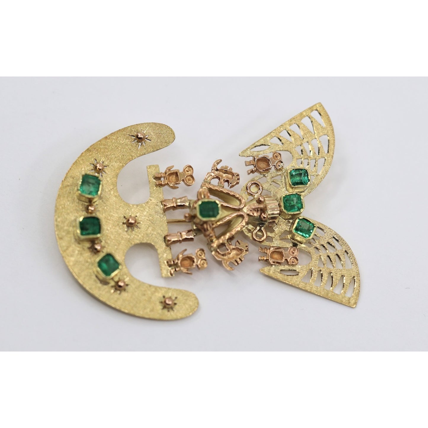 Vintage 18K Gold 7 Emerald Tairona Pre Columbian Brooch Pendant