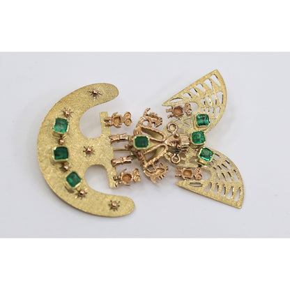 Vintage 18K Gold 7 Emerald Tairona Pre Columbian Brooch Pendant