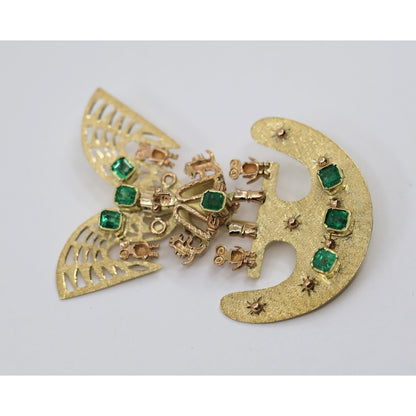 Vintage 18K Gold 7 Emerald Tairona Pre Columbian Brooch Pendant