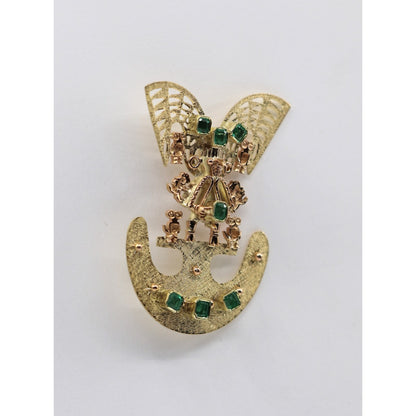 Vintage 18K Gold 7 Emerald Tairona Pre Columbian Brooch Pendant