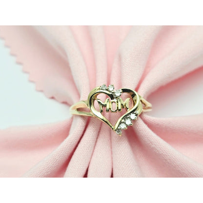 10K Yellow Gold Heart Shaped Initial Mom Diamond Ring