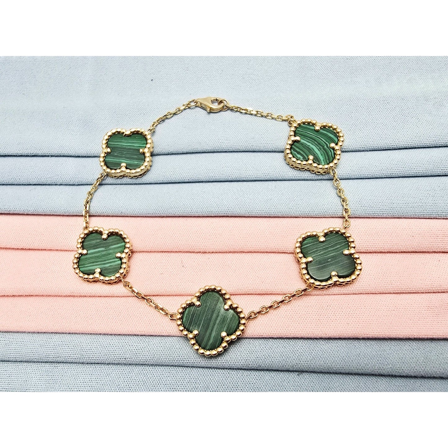 14K Yellow Gold Malachite Four Leaf Clover Cable Link Chain Bracelet