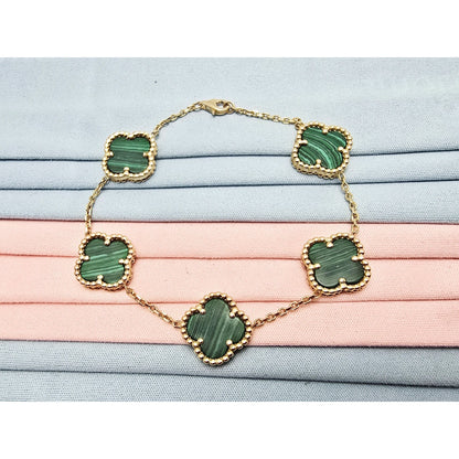 14K Yellow Gold Malachite Four Leaf Clover Cable Link Chain Bracelet