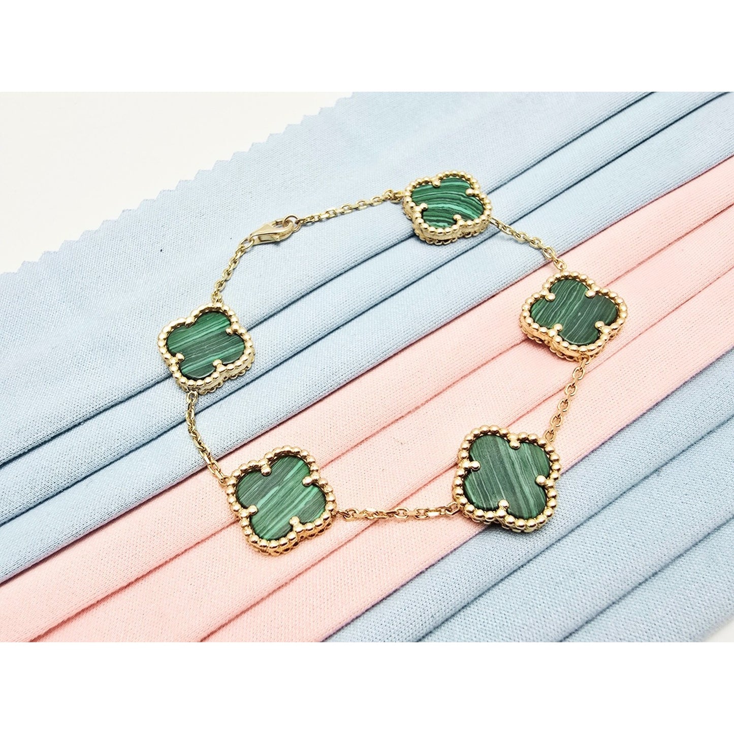 14K Yellow Gold Malachite Four Leaf Clover Cable Link Chain Bracelet