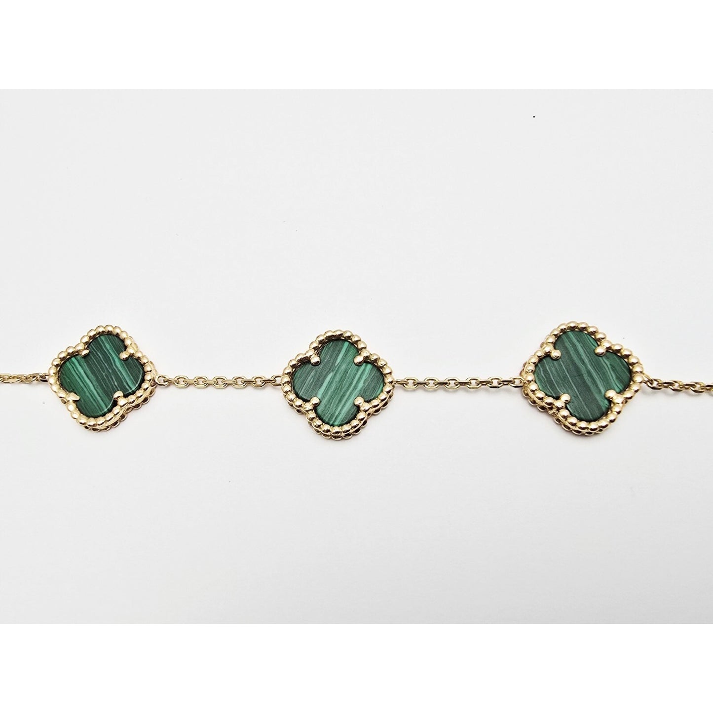 14K Yellow Gold Malachite Four Leaf Clover Cable Link Chain Bracelet