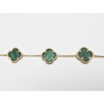 14K Yellow Gold Malachite Four Leaf Clover Cable Link Chain Bracelet