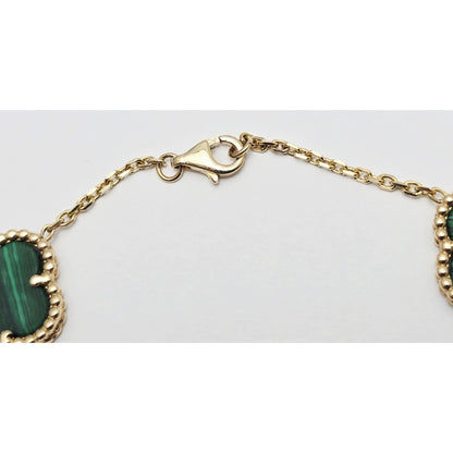 14K Yellow Gold Malachite Four Leaf Clover Cable Link Chain Bracelet