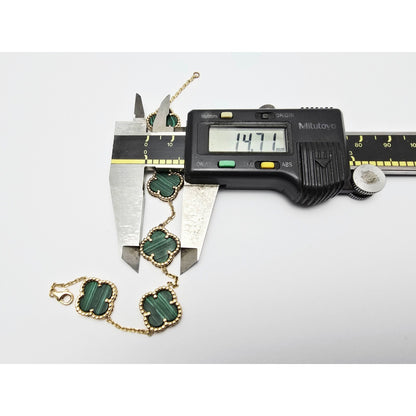 14K Yellow Gold Malachite Four Leaf Clover Cable Link Chain Bracelet