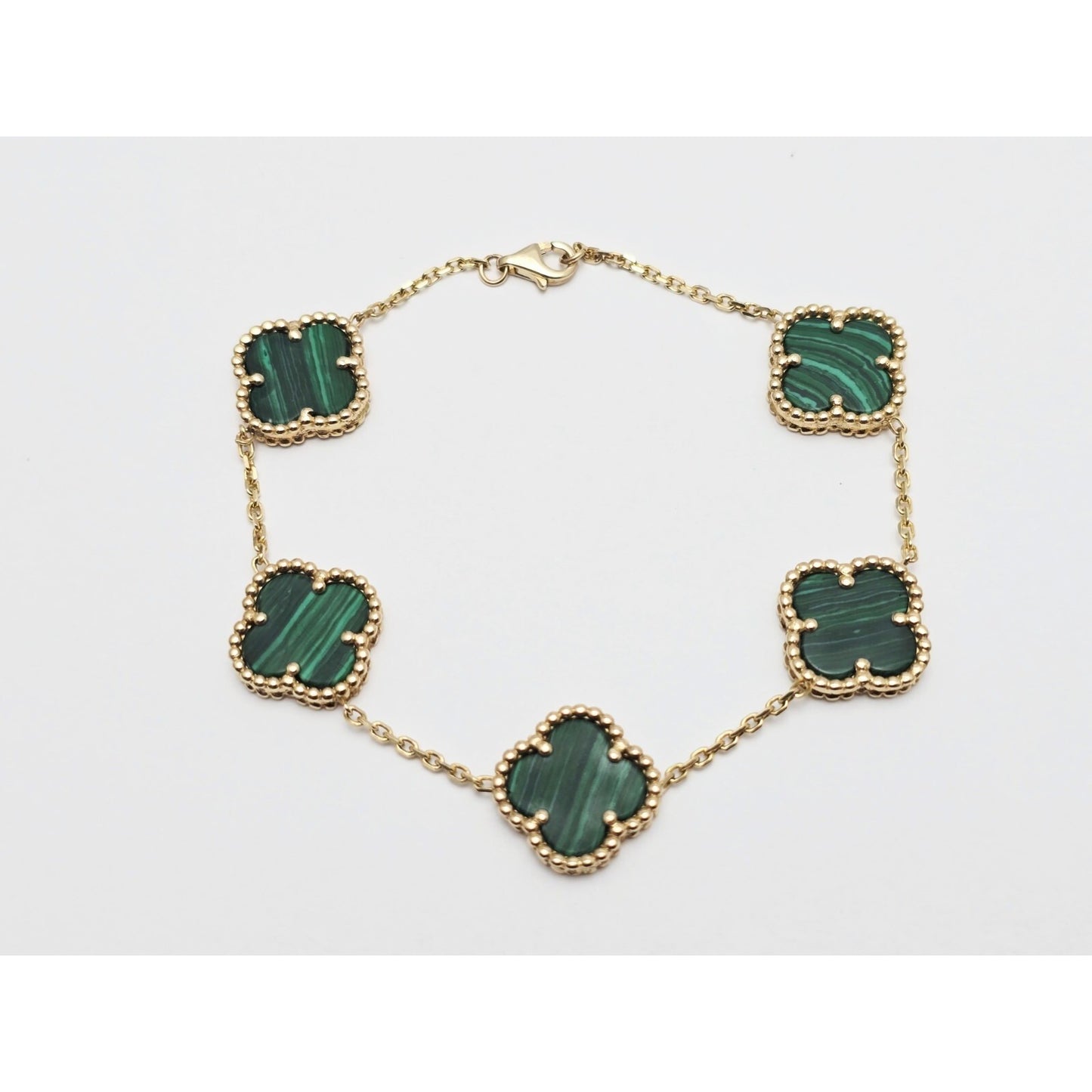 14K Yellow Gold Malachite Four Leaf Clover Cable Link Chain Bracelet
