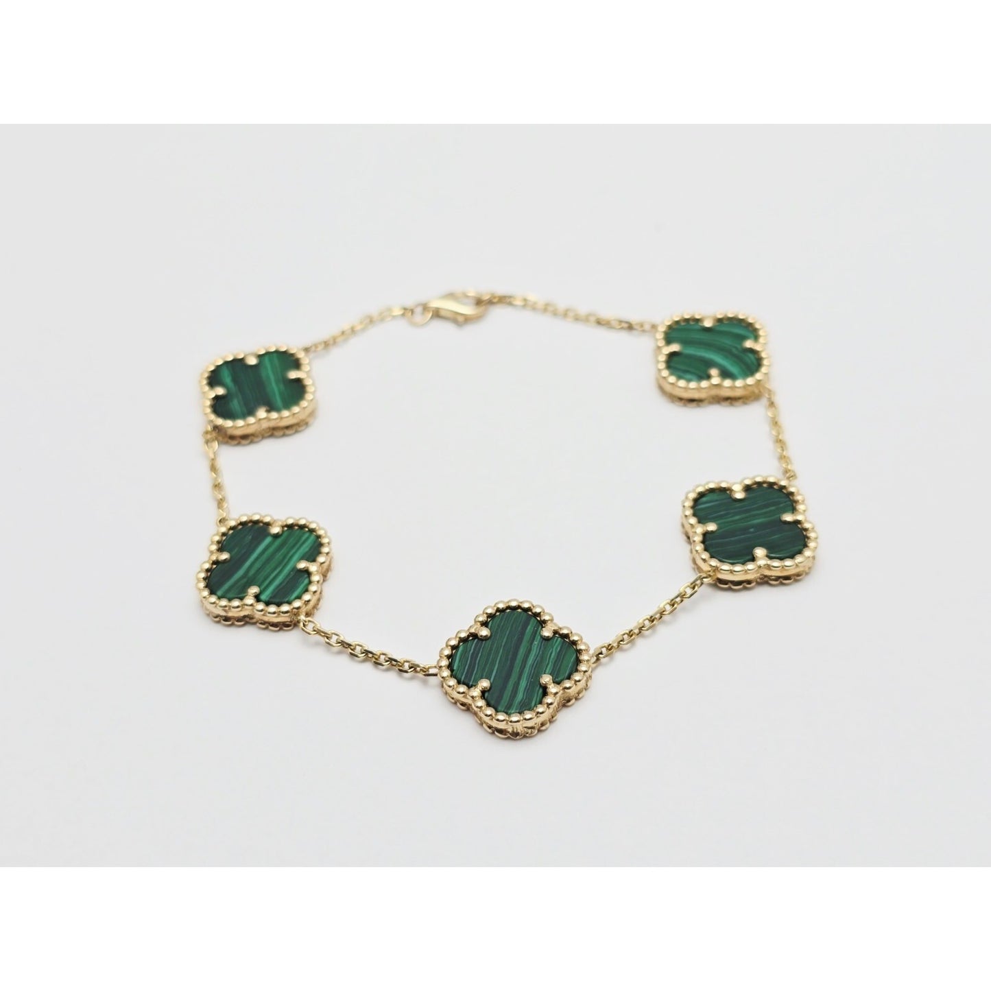 14K Yellow Gold Malachite Four Leaf Clover Cable Link Chain Bracelet