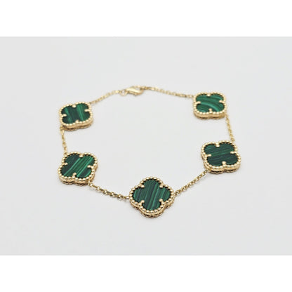 14K Yellow Gold Malachite Four Leaf Clover Cable Link Chain Bracelet