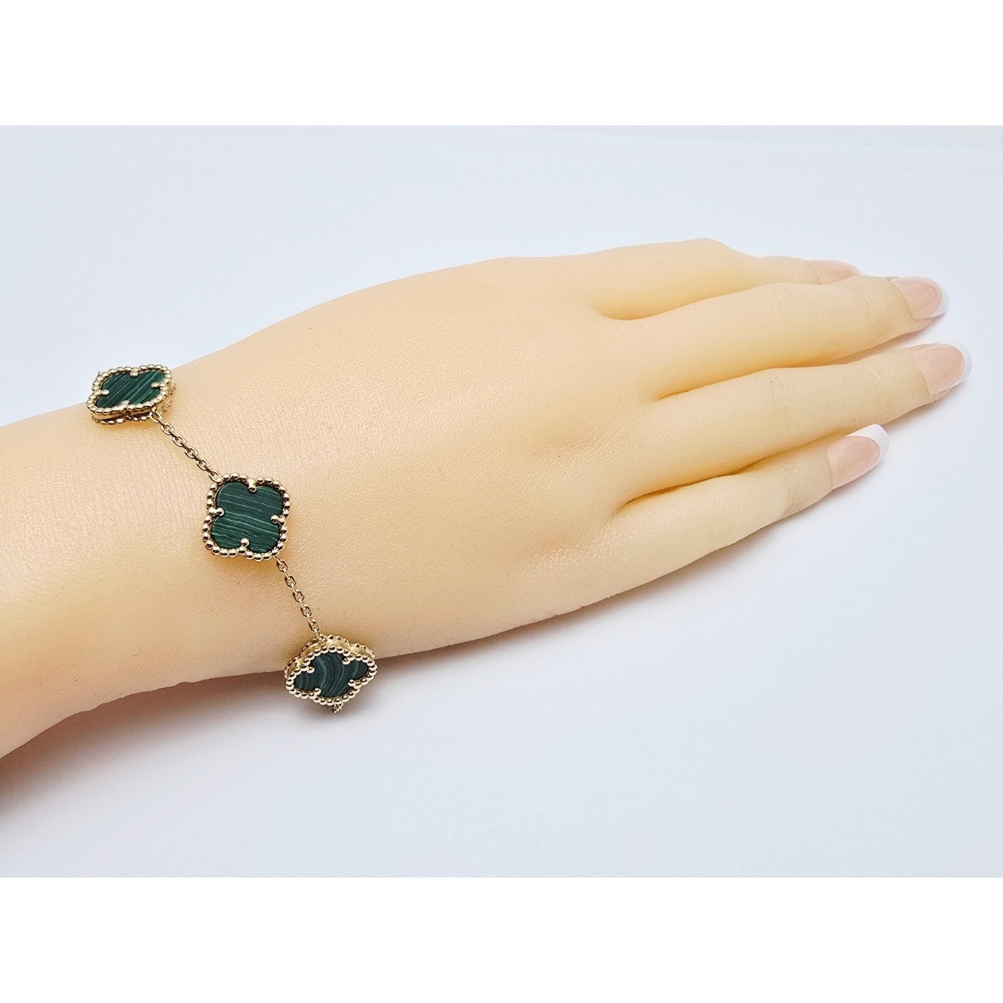 14K Yellow Gold Malachite Four Leaf Clover Cable Link Chain Bracelet