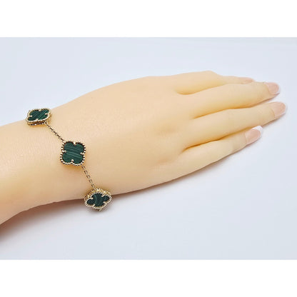 14K Yellow Gold Malachite Four Leaf Clover Cable Link Chain Bracelet