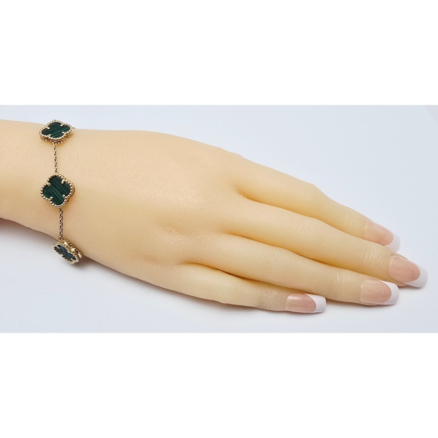 14K Yellow Gold Malachite Four Leaf Clover Cable Link Chain Bracelet