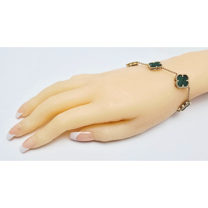 14K Yellow Gold Malachite Four Leaf Clover Cable Link Chain Bracelet