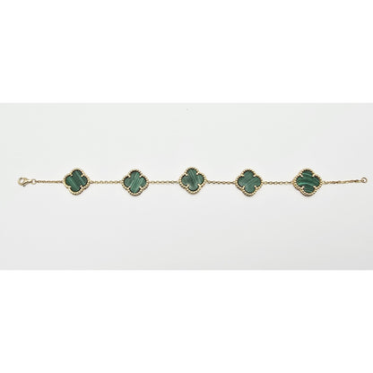 14K Yellow Gold Malachite Four Leaf Clover Cable Link Chain Bracelet