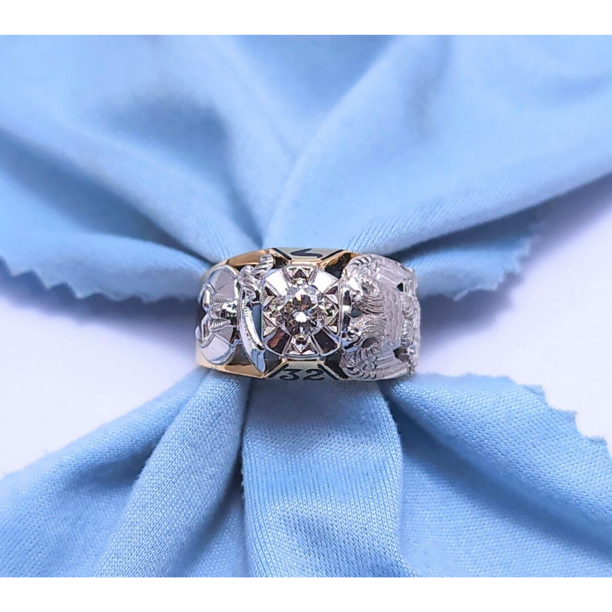 14K Two Tone Gold Masonic Double Headed Eagle 32nd Degree Diamond Ring