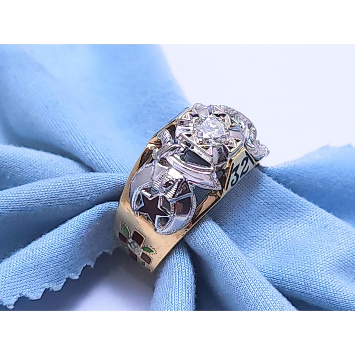 14K Two Tone Gold Masonic Double Headed Eagle 32nd Degree Diamond Ring