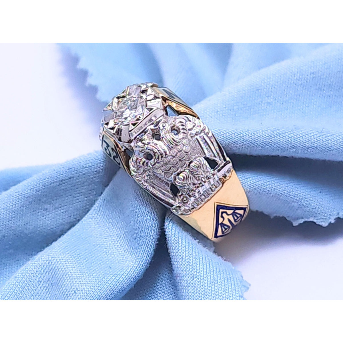14K Two Tone Gold Masonic Double Headed Eagle 32nd Degree Diamond Ring