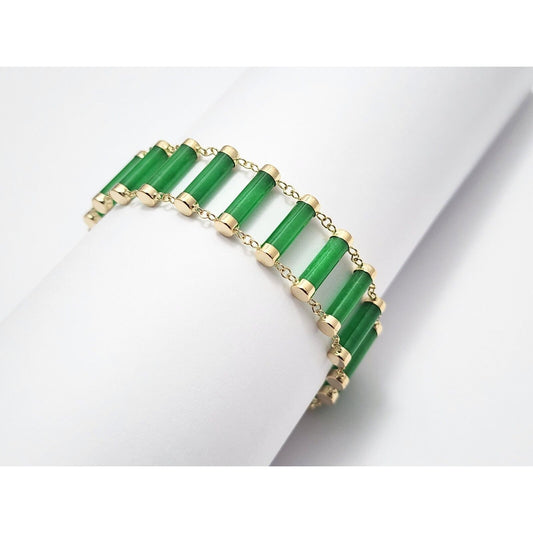 14K Yellow Gold Green Jadeite Jade Link Bracelet