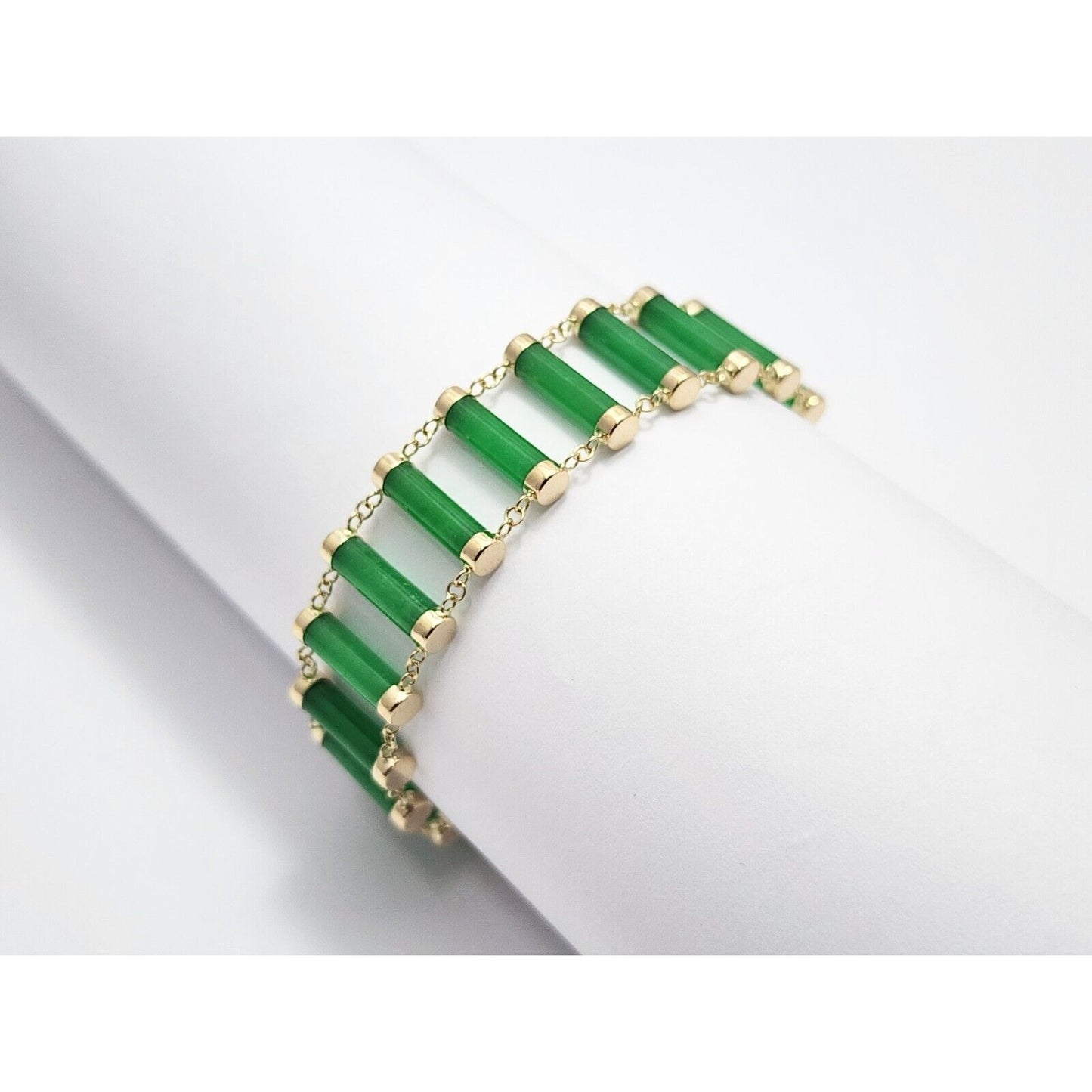 14K Yellow Gold Green Jadeite Jade Link Bracelet