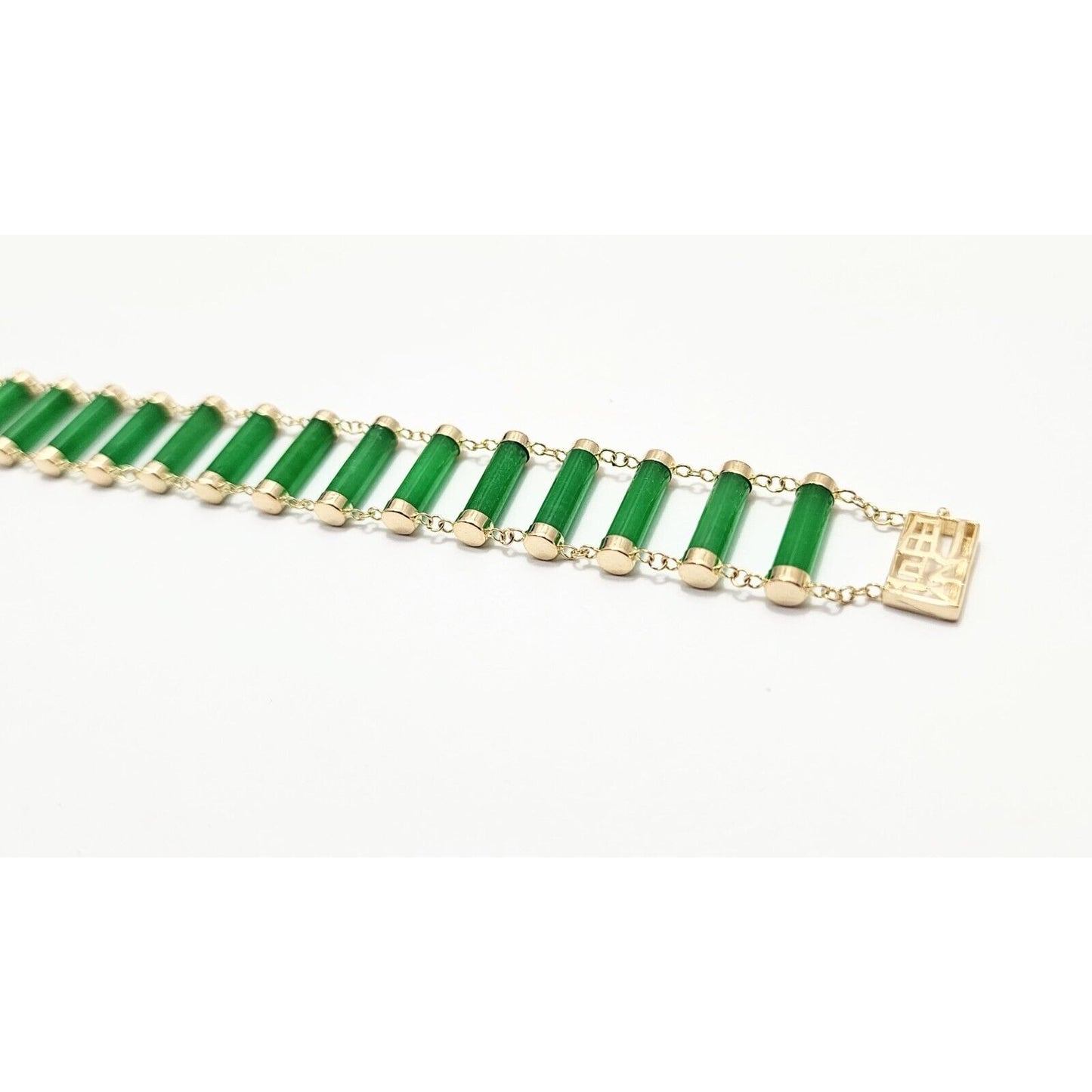 14K Yellow Gold Green Jadeite Jade Link Bracelet