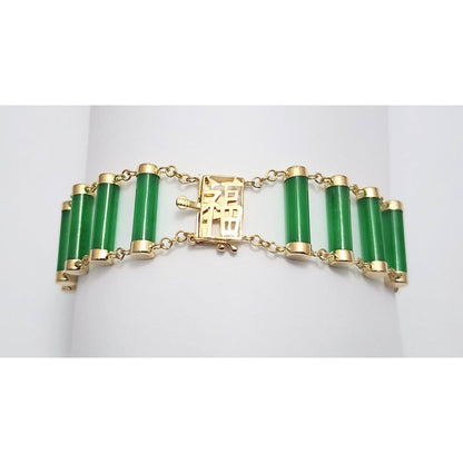 14K Yellow Gold Green Jadeite Jade Link Bracelet