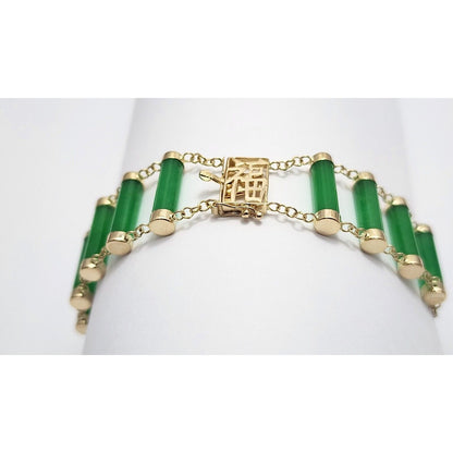 14K Yellow Gold Green Jadeite Jade Link Bracelet