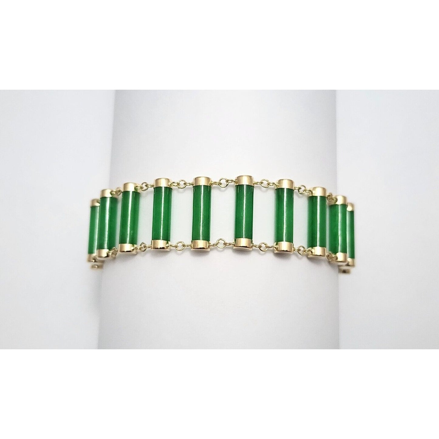 14K Yellow Gold Green Jadeite Jade Link Bracelet