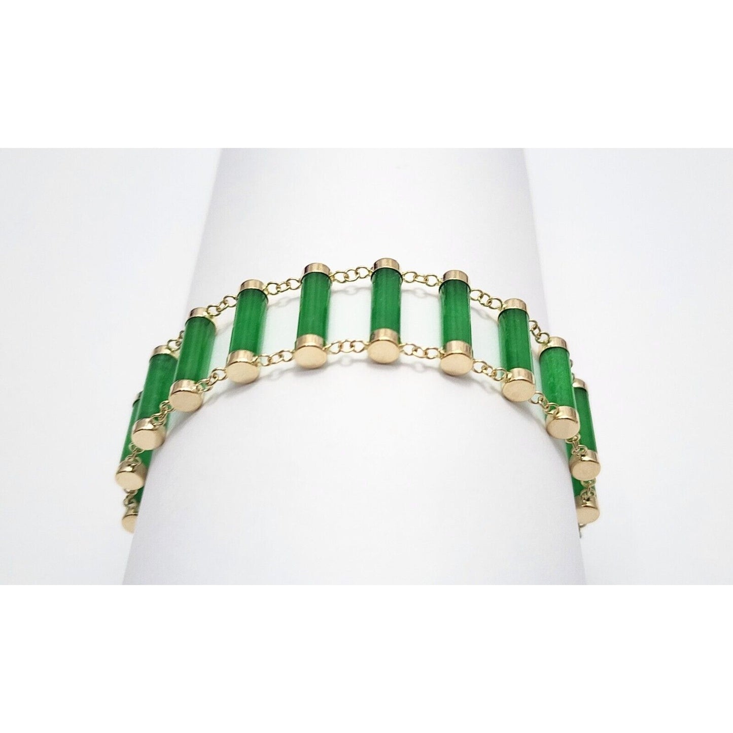 14K Yellow Gold Green Jadeite Jade Link Bracelet