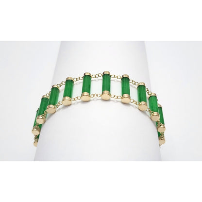 14K Yellow Gold Green Jadeite Jade Link Bracelet