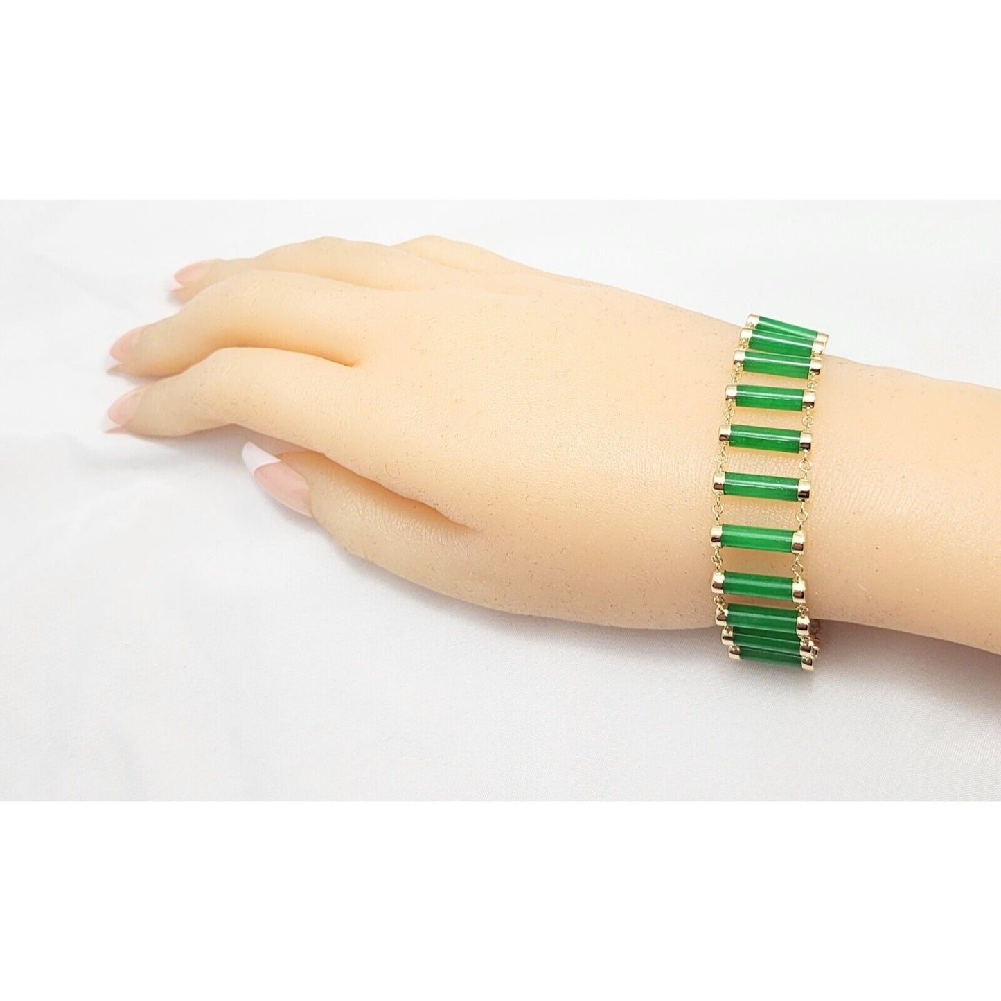 14K Yellow Gold Green Jadeite Jade Link Bracelet