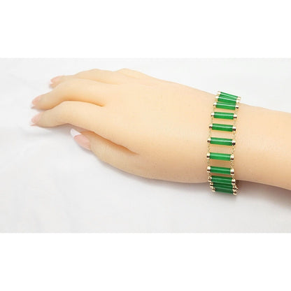 14K Yellow Gold Green Jadeite Jade Link Bracelet